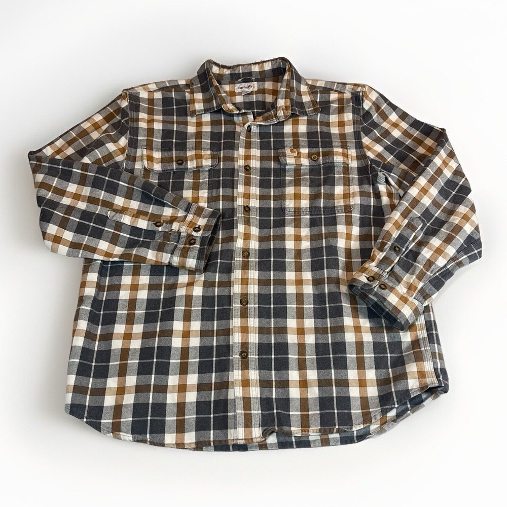 Carhartt Flannel Shirt Mens XXL Plaid Long Sleeve Button Up Heavyweight Logo‎